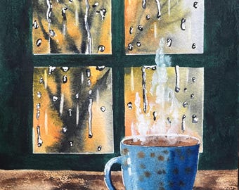 Hygge Watercolor Painting: Rainy Window, Coffee Cup (10x14 in)