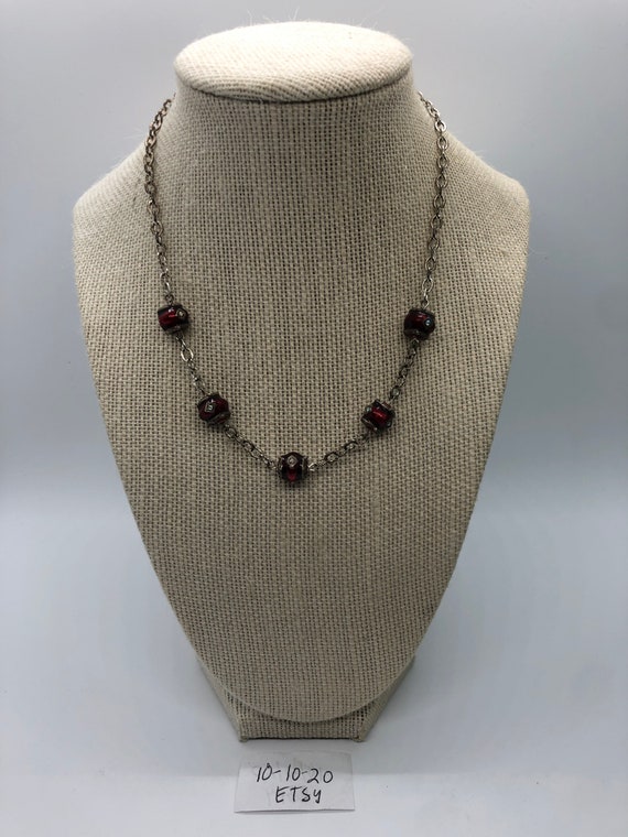 Vintage Silvertone red necklace - image 3