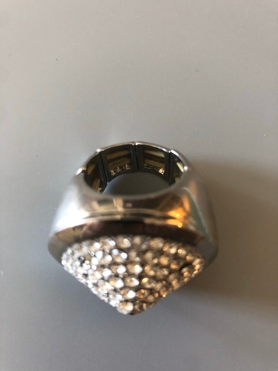 Large Silvertone Rhinestone Adjustable Ring - image 2