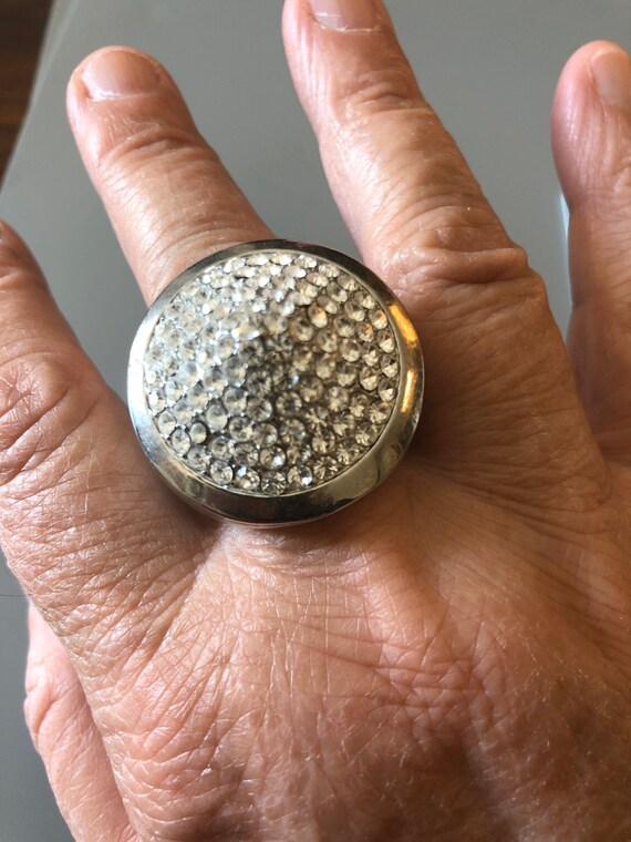 Large Silvertone Rhinestone Adjustable Ring - image 3