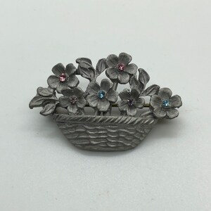 Vintage Silvertone Rhinestone Flower Basket Brooch/Pin