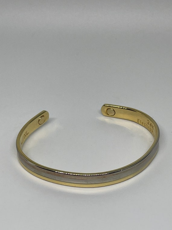 Vintage two tone ribbed 24k gold plated bangle br… - image 4