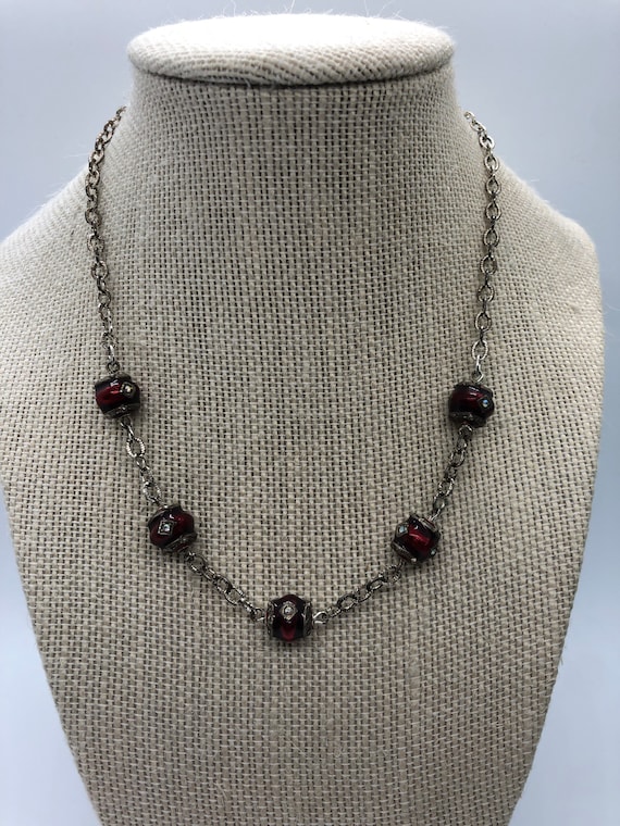 Vintage Silvertone red necklace - image 1