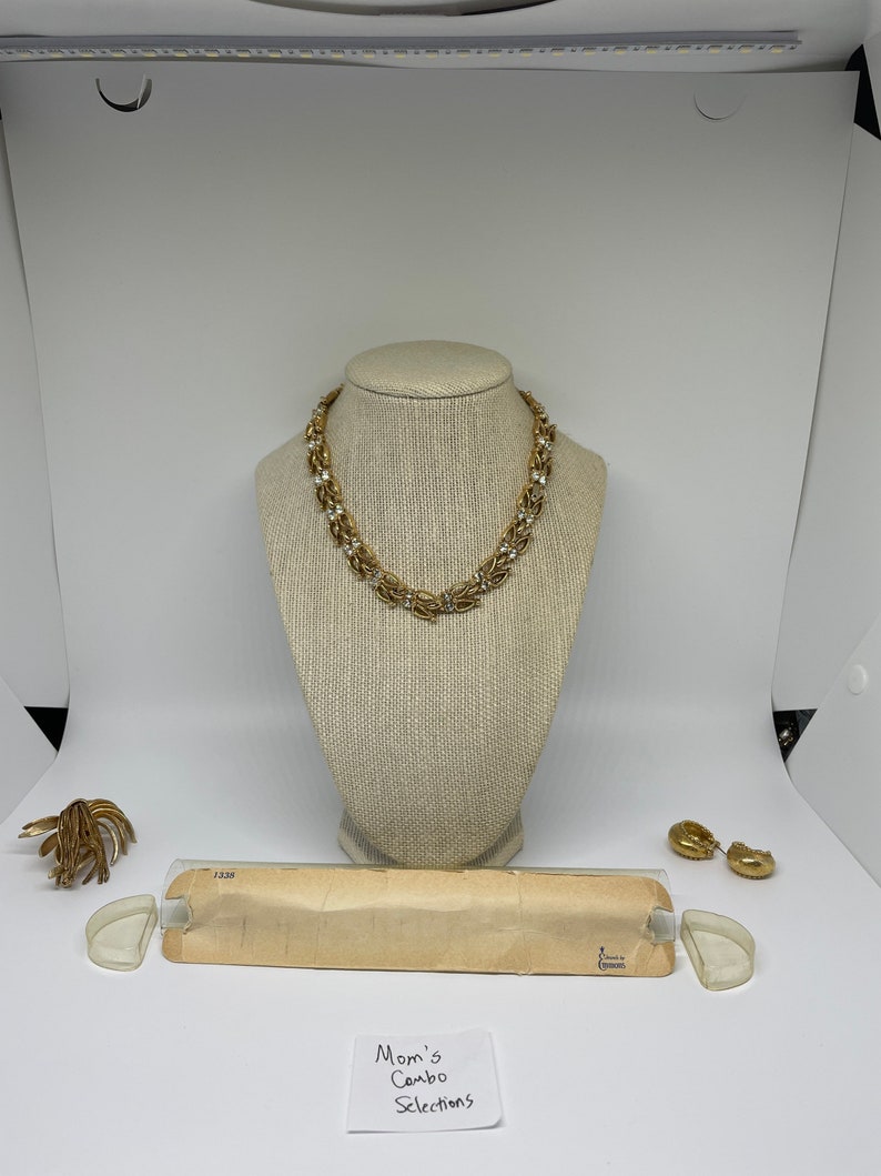 Vintage Emmons goldtone choker pierced earrings and brooch see desc