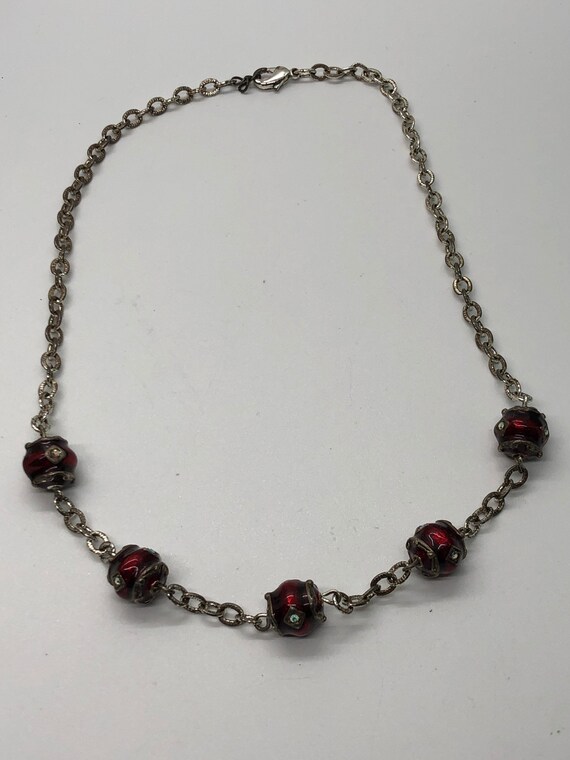 Vintage Silvertone red necklace - image 4