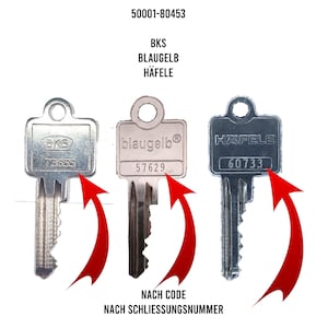 Könnte beinhalten: Drei silberne Schlüssel mit unterschiedlichen Markennamen und Schlüsselnummern. Die Schlüssel sind mit "BKS 73655", "blau gelb 57629" und "HAFELE 60733" beschriftet. Der Text "NACH CODE NACH SCHLIESSUNGSNUMMER" befindet sich unter den Schlüsseln.