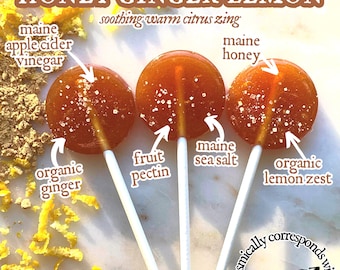 Honey Ginger Lemon Lollipops / Botanical / Artisanal / Herbal / All Natural Candy Gift Box, Wedding, Party Favor, Birthday / Maine Made