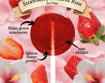 Piruletas de fresa, hibisco y rosa: dulces naturales botánicos y artesanales, ideales para bodas y cumpleaños. Hechos en Maine.
