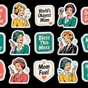 Un foglio di adesivi con 9 divertenti adesivi retrò anni '50 da casalinga, frasi sarcastiche da mamma, arte vintage, contorno spesso, bordo bianco, vettore piatto