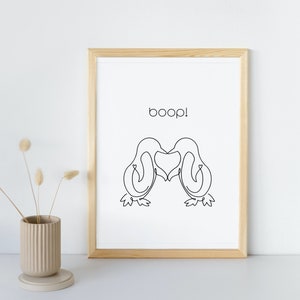 Boop! Kissing Penguins Line Art Poster Print- Minimalist Drawing Wall Art