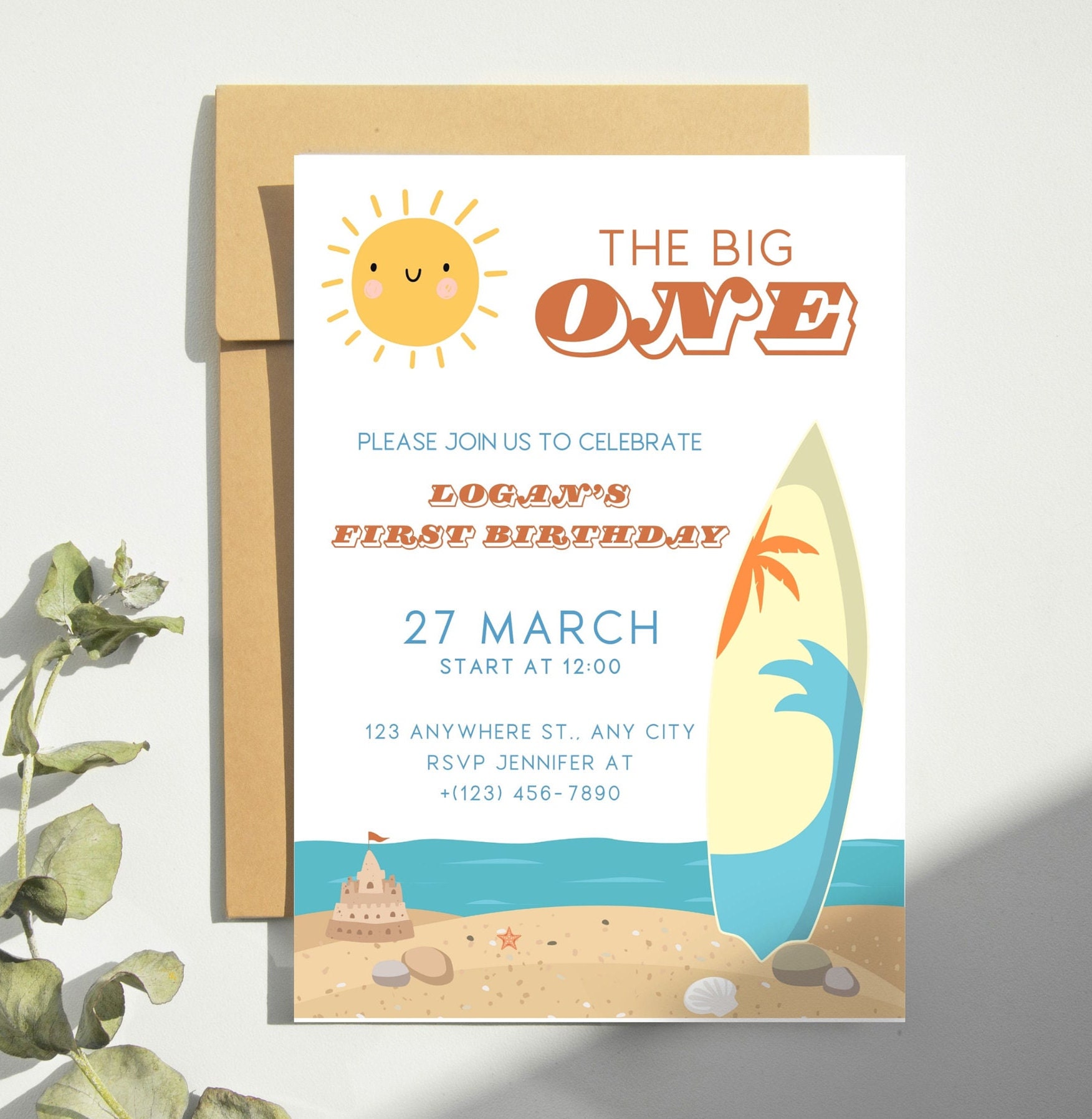 The Big One Birthday Invite Retro Surfs Up Beach Themed First Birthday Invitation Instant Download