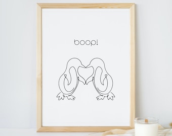 Boop! Kissing Penguins Line Art - Instant Download - Minimalist Drawing Wall Art - Poster Print