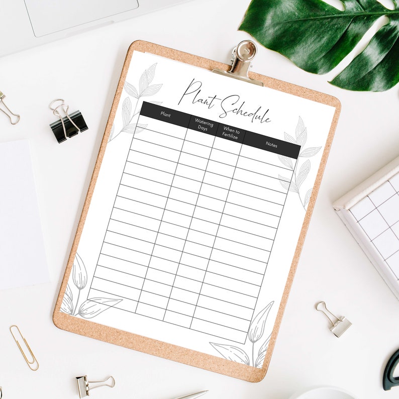 May include: Printable plant schedule checklist with columns for plant name, watering days, when to fertilize, and notes. The checklist is decorated with simple line drawings of leaves.