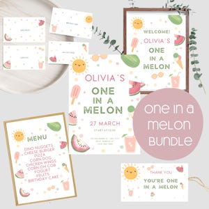 May include: A printable party invitation set for a one-year-old's birthday party with a watermelon theme. The set includes a welcome sign, a menu, a thank you card, and an invitation with the text "Olivia's One in a Melon" and "27 March Start at 12:00".