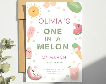One in a Melon Birthday Invite | Fun Summer Watermelon Themed First Birthday Invitation | Instant Download