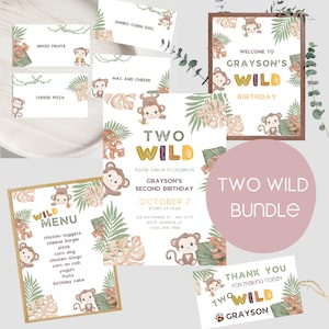 Puede incluir: Un paquete de invitaciones imprimibles para el segundo cumpleaños de un niño. La invitación presenta un tema de selva con monos, hojas y el texto "Two Wild Grayson's Second Birthday". El paquete incluye un cartel de bienvenida, un menú, una tarjeta de agradecimiento y una invitación imprimible.