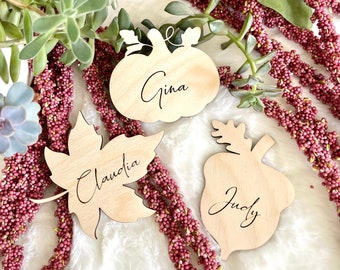 Fall Wedding Wood Place Cards | Autumn Wedding Decor | Personalized Thanksgiving Table Setting | Wood Leaf Pumpkin Acorn