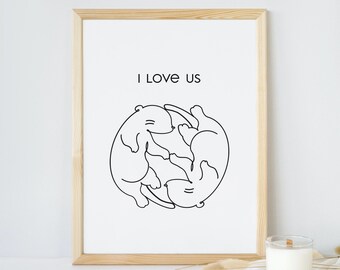 I Love Us - Sea Otters Holding Hands Line Art - Instant Download - Minimalist Drawing Wall Art - Poster Print