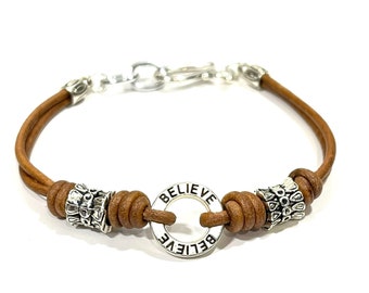 Women Brown Leather Bracelet, Gifts For Women, Believe Charm, Boho Style, Bohemian Jewelry, Hippie Jewelry, Rustic Jewelry