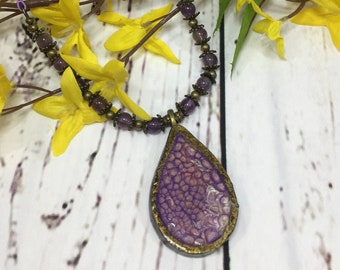 Lilac Prism Effect Polymer Clay Pendant, Amethyst Beads Mackrame Necklace For Her