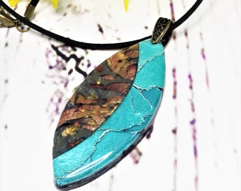 Black Faux Suede Cord Necklace, Polymer Clay Pendant, Blue, Black and Gold, Pinch Bail, Boho Style, Bohemian Jewelry, Hippie Jewelry