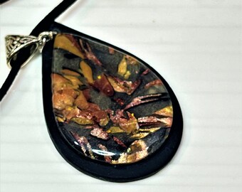 Black Faux Suede Cord Necklace, Polymer Clay Pendant, Black, Tibetan Silver Bail, Boho Style, Bohemian Jewelry, Hippie Jewelry