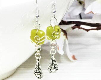 Dangle Earrings, Wire Wrapped Green Earrings with Teardrop Dangle, Earrings for Women, Perfect Gift for Her