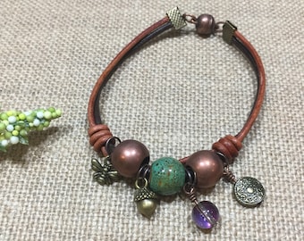 Women Brown Leather Bracelet, Gifts For Women, Acorn/Bee/LentilBead/Bead Charm, Boho Style, Bohemian Jewelry, Hippie Jewelry, Rustic Jewelry