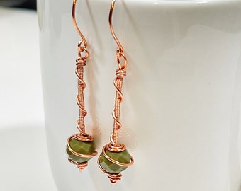 Wire Wrapped Earrings, Copper Wire Wrapped Dangle Earrings, Olive Green Faceted Crystal