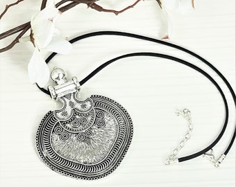 Tibetan Silver Large Pendant, Faux Suede Cord, Boho Style, Bohemian Jewelry, Hippie Jewelry