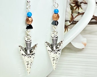 Bohemian Arrowhead Dangle Earrings: Czech Glass Beads, Sterling Silver Hooks