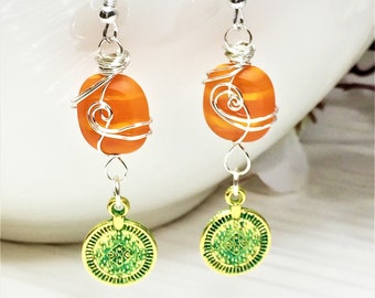 Dangle Earrings, Wire Wrapped Orange Czech Glass Earrings with Green Patina Metal Dangle, Earrings for Women, Perfect Gift for Her