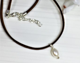 Pearl Wire Wrapped Necklace, Silver Wire Wrapped, Faux Suede Cord, Boho Style, Bohemian, Hippie Jewelry