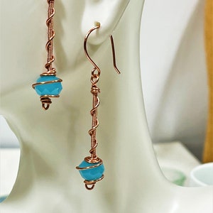 Wire Wrapped Earrings, Copper Wire Wrapped Dangle Earrings, Cyan Blue Faceted Crystal