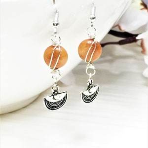 Dangle Earrings, Wire Wrapped Brown Glass Earrings with Antique Silver Semicircle Dangle, Earrings for Women, Perfect Gift for Her