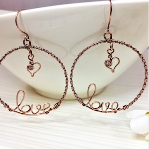 Love and Heart Wire Wrapped Copper Hoop Earrings, Patina/Oxidised Hoop Earrings, Perfect Gift for Valentines Day