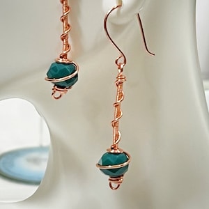 Wire Wrapped Earrings, Copper Wire Wrapped Dangle Earrings, Deep Teal Faceted Crystal