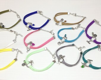 Valentine Gifts For Her, Faux Suede Bracelet, Love Charm, Flower Charm, Bead Dangle, Lobster Closure