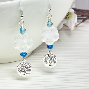 Dangle Earrings, Bohemian Style Tree of Life Earrings, Czech Glass Flower and Beads, Earrings for Women