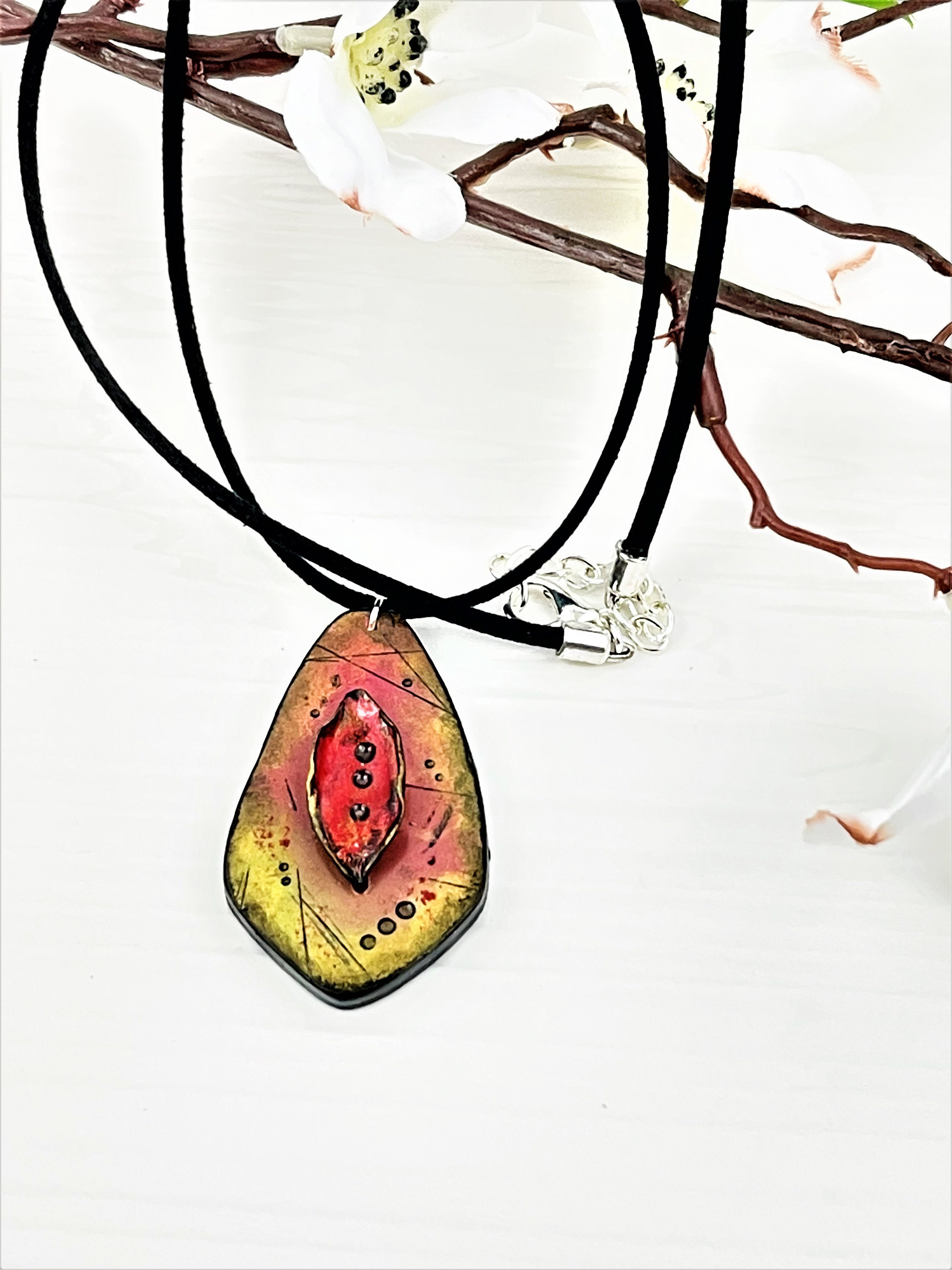 Black Faux Suede Cord Necklace, Polymer Clay Pendant, Redish Pink Gold and Black, Boho Style, Bohemian Jewelry, Hippie Jewelry