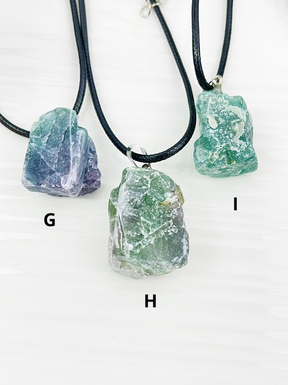 Necklace, Raw Fluorite Stone Pendant, Gem Stones, Boho Style, Bohemian, Hippie Jewelry