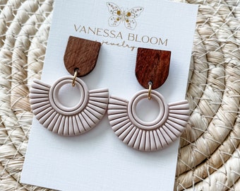 Handmade Polymer Clay Earrings: Boho Wood Accent Lightweight Jewelry