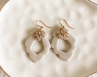 Handmade Polymer Clay Bridal Earrings: Cubic Zirconia, 14k Gold Filled, Lightweight.
