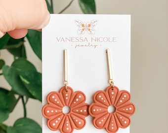 Handmade Polymer Clay Flower Earrings: Hand painted, Lightweight, Gold plated