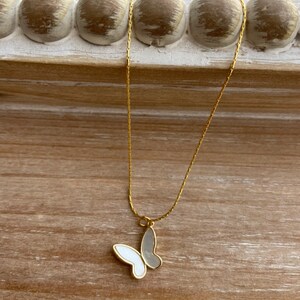 Pu&ograve; includere: Una collana con catena dorata e un ciondolo a forma di farfalla bianca. La farfalla &egrave; realizzata in madreperla e ha un contorno dorato.