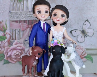 Bride and groom cake topper, Wedding cake topper bride and groom, custom wedding cake topper with dogs, cake topper with dogs, custom pets