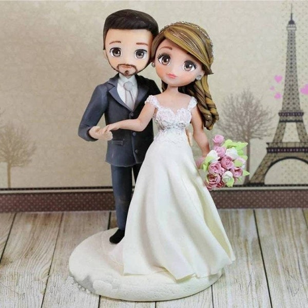 Wedding cake bride and groom, anime wedding cake topper, cute wedding cake topper, bride and groom figurine, romantic wedding cake topper.