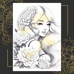 Jedna kolorowanka fantasy, romantyczna kolorowanka dla dorosłych, pobieranie cyfrowe, urocza kobieta, kwiaty, PNG PDF, pobieranie cyfrowe,