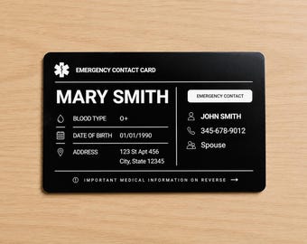 Personalized Metal Emergency Contact Card | Medical ID card for Wallet | Allergy and Medication Aluminum Card