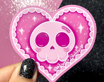 Spooky Pink Skellie Heart matte heart sticker